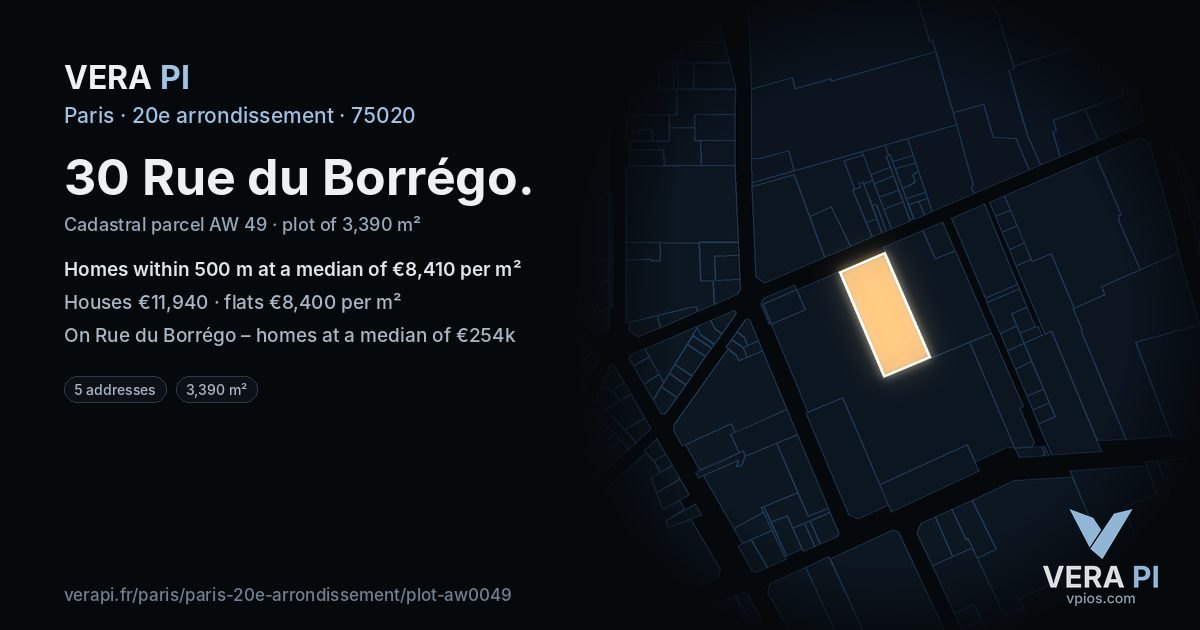 30 Rue du Borrégo, 20e arrondissement at night – the plot lit, the parcels around coloured by the prices near them