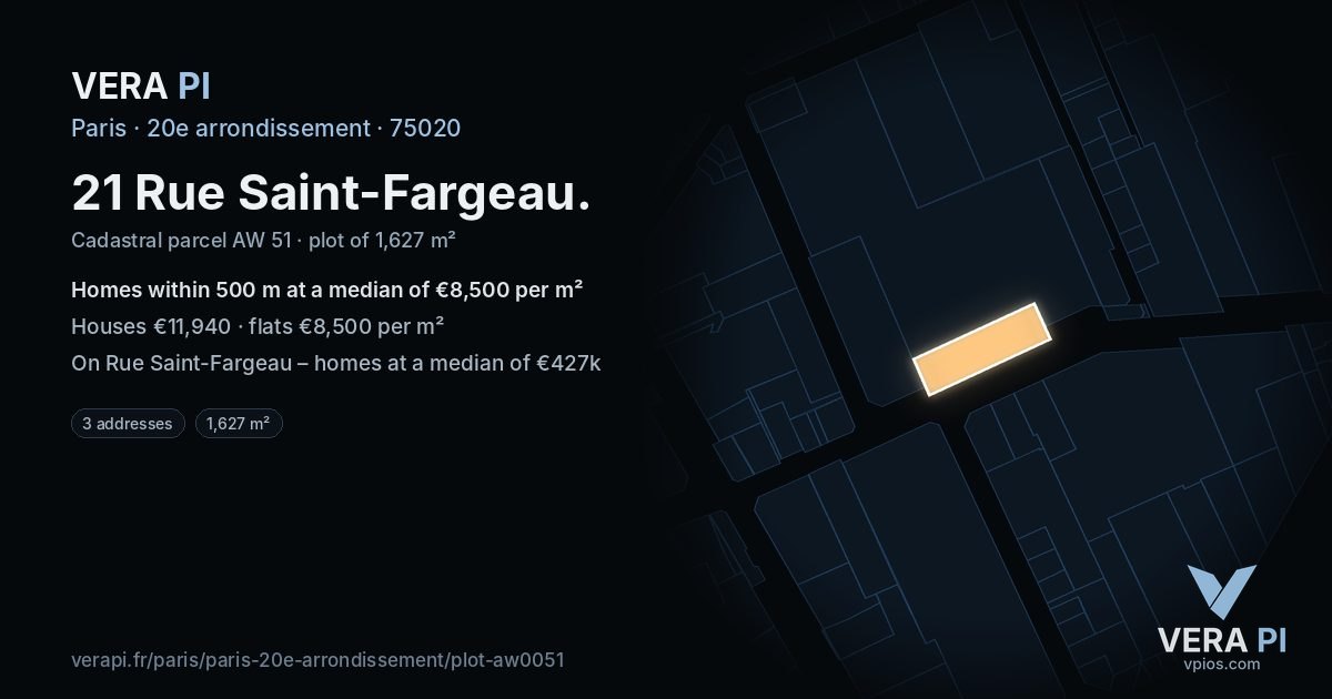 21 Rue Saint-Fargeau, 20e arrondissement at night – the plot lit, the parcels around coloured by the prices near them