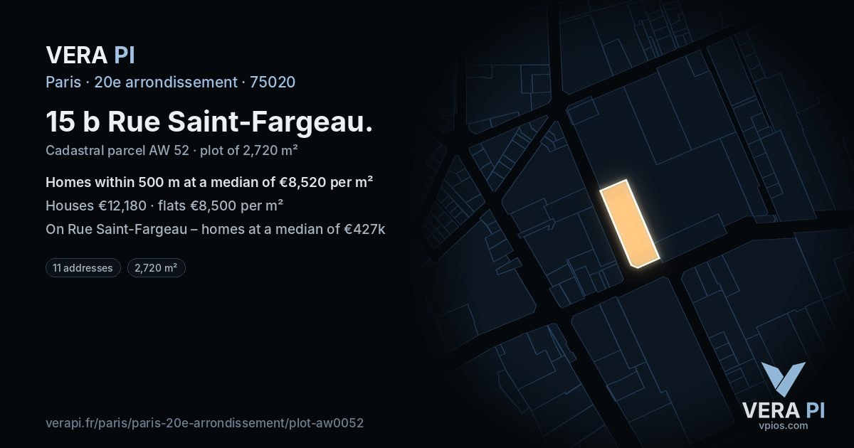 15 b Rue Saint-Fargeau, 20e arrondissement at night – the plot lit, the parcels around coloured by the prices near them