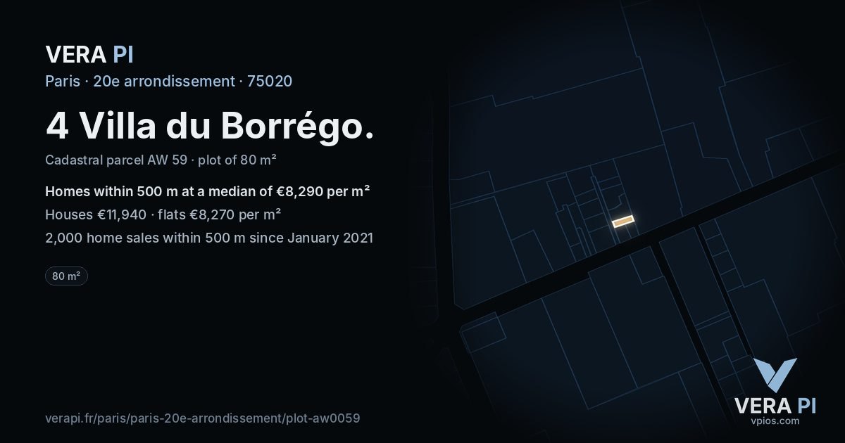 4 Villa du Borrégo, 20e arrondissement at night – the plot lit, the parcels around coloured by the prices near them