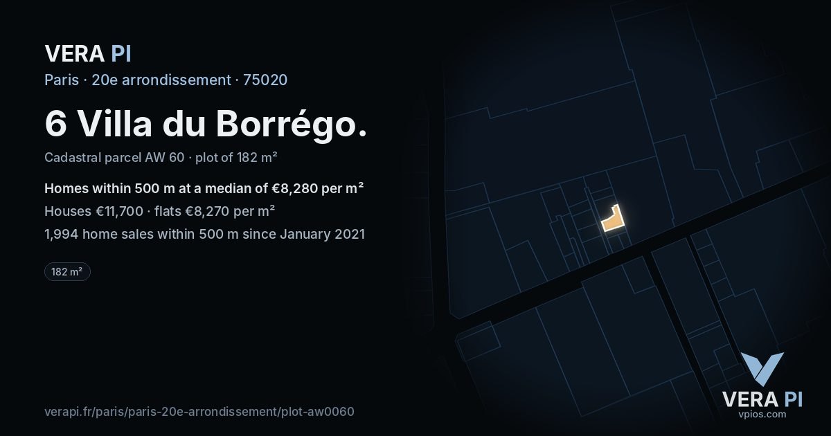 6 Villa du Borrégo, 20e arrondissement at night – the plot lit, the parcels around coloured by the prices near them