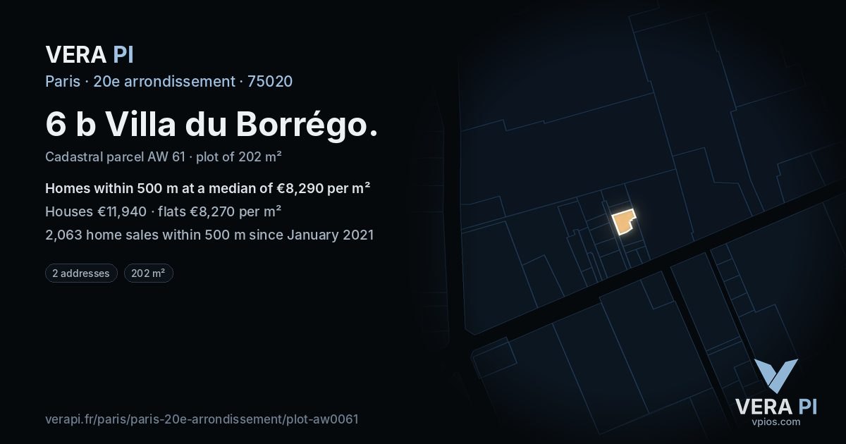 6 b Villa du Borrégo, 20e arrondissement at night – the plot lit, the parcels around coloured by the prices near them