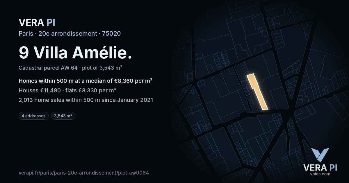 9 Villa Amélie, 20e arrondissement at night – the plot lit, the parcels around coloured by the prices near them