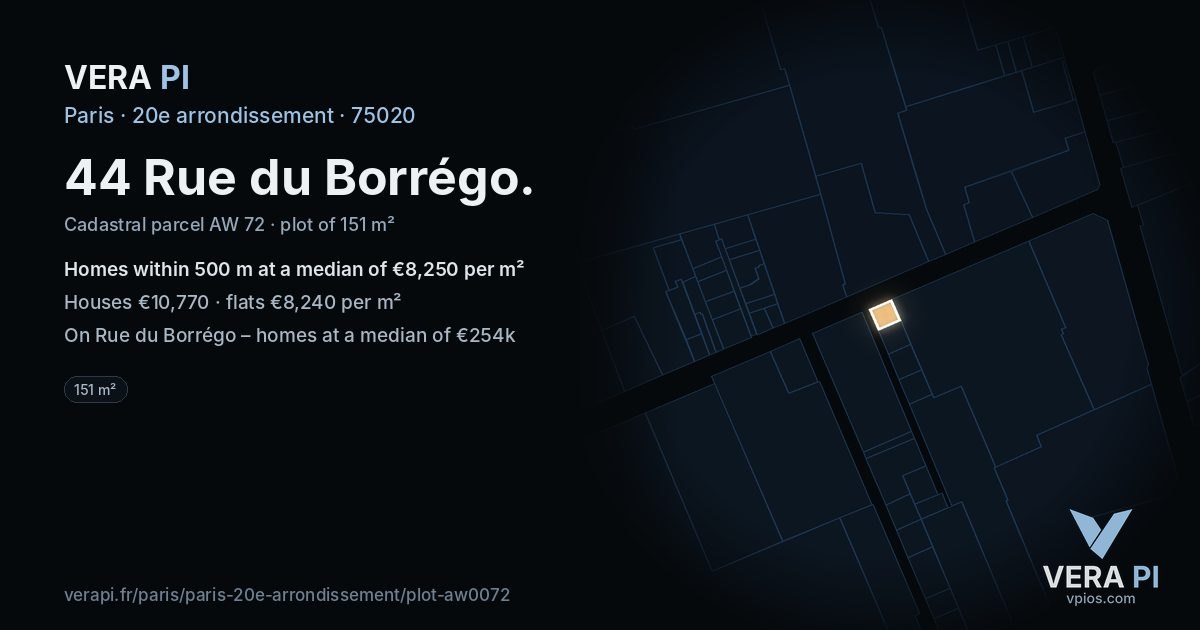 44 Rue du Borrégo, 20e arrondissement at night – the plot lit, the parcels around coloured by the prices near them