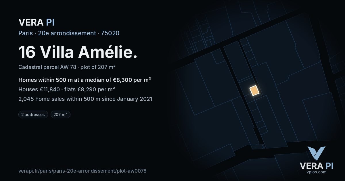 16 Villa Amélie, 20e arrondissement at night – the plot lit, the parcels around coloured by the prices near them