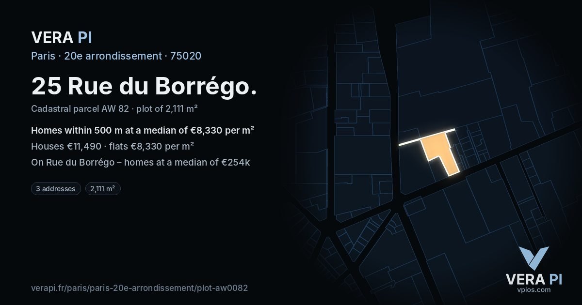 25 Rue du Borrégo, 20e arrondissement at night – the plot lit, the parcels around coloured by the prices near them