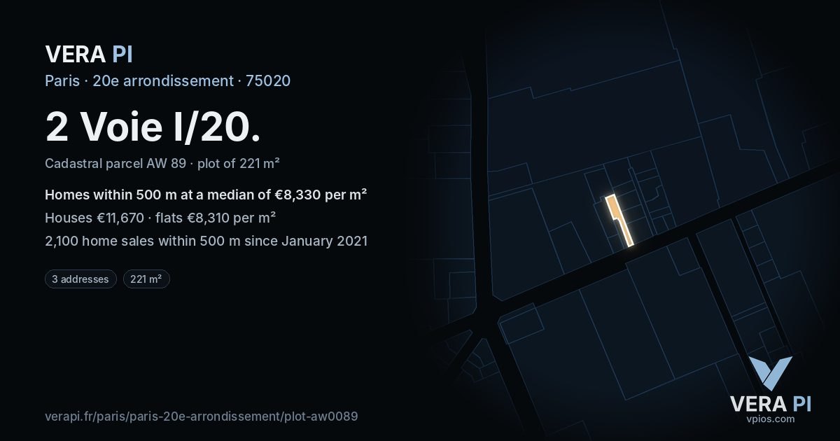 2 Voie I/20, 20e arrondissement at night – the plot lit, the parcels around coloured by the prices near them
