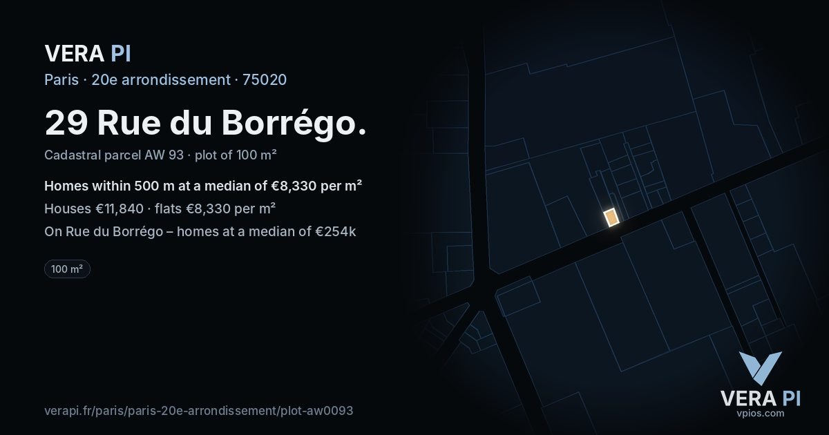 29 Rue du Borrégo, 20e arrondissement at night – the plot lit, the parcels around coloured by the prices near them