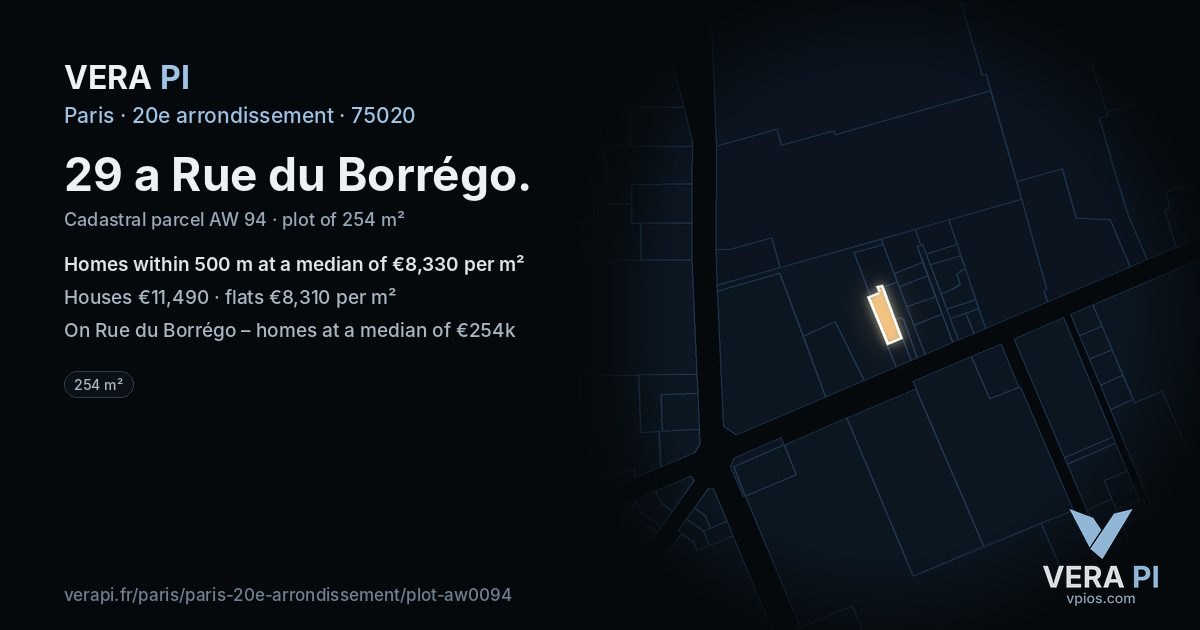 29 a Rue du Borrégo, 20e arrondissement at night – the plot lit, the parcels around coloured by the prices near them