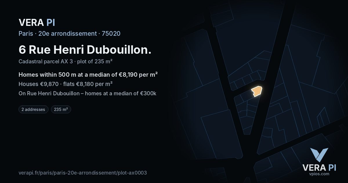 6 Rue Henri Dubouillon, 20e arrondissement at night – the plot lit, the parcels around coloured by the prices near them