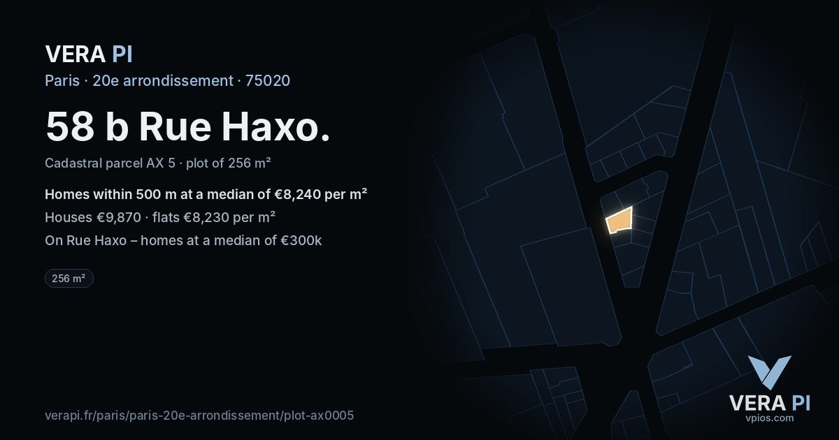 58 b Rue Haxo, 20e arrondissement at night – the plot lit, the parcels around coloured by the prices near them
