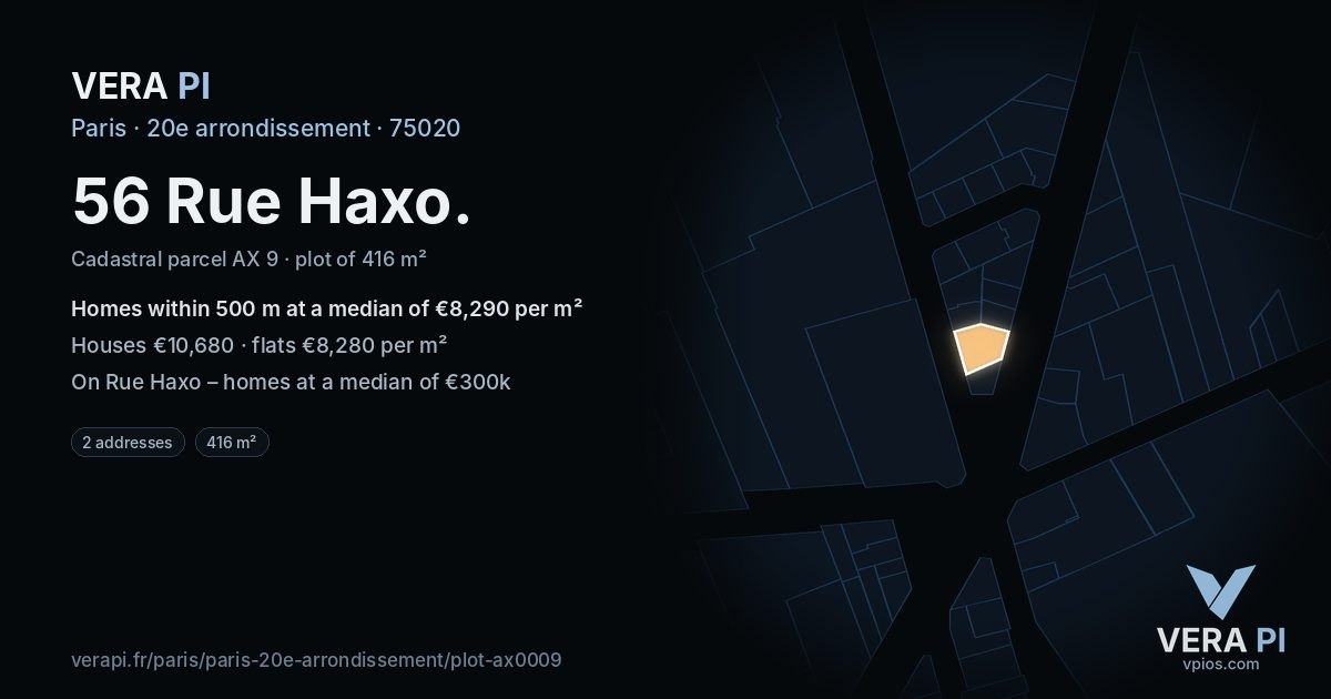 56 Rue Haxo, 20e arrondissement at night – the plot lit, the parcels around coloured by the prices near them