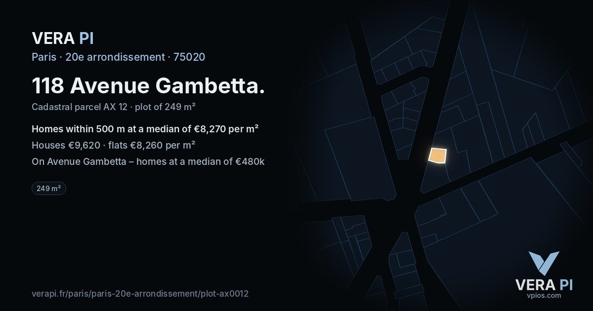 118 Avenue Gambetta, 20e arrondissement at night – the plot lit, the parcels around coloured by the prices near them