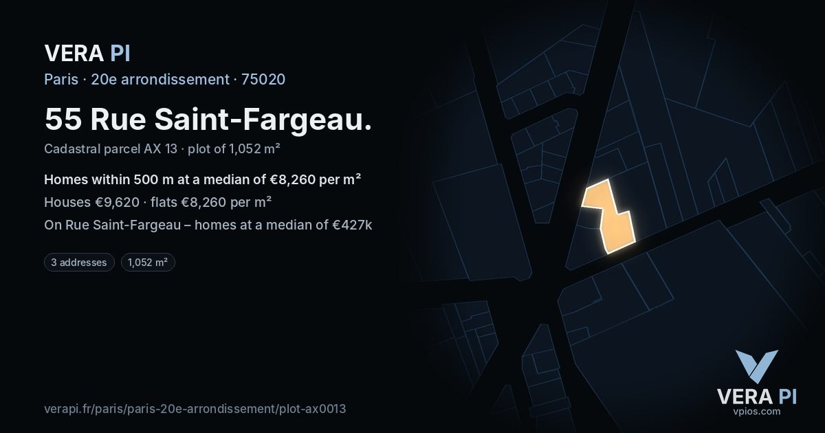 55 Rue Saint-Fargeau, 20e arrondissement at night – the plot lit, the parcels around coloured by the prices near them