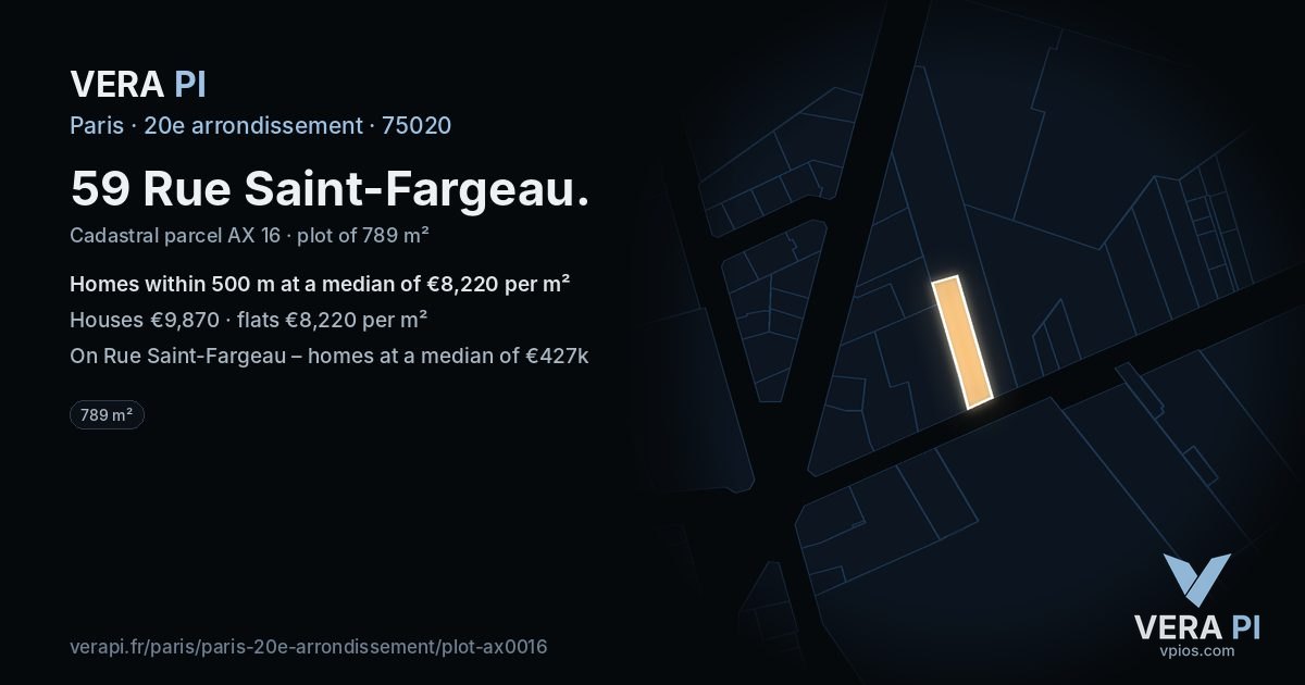 59 Rue Saint-Fargeau, 20e arrondissement at night – the plot lit, the parcels around coloured by the prices near them