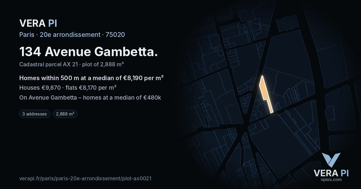 134 Avenue Gambetta, 20e arrondissement at night – the plot lit, the parcels around coloured by the prices near them
