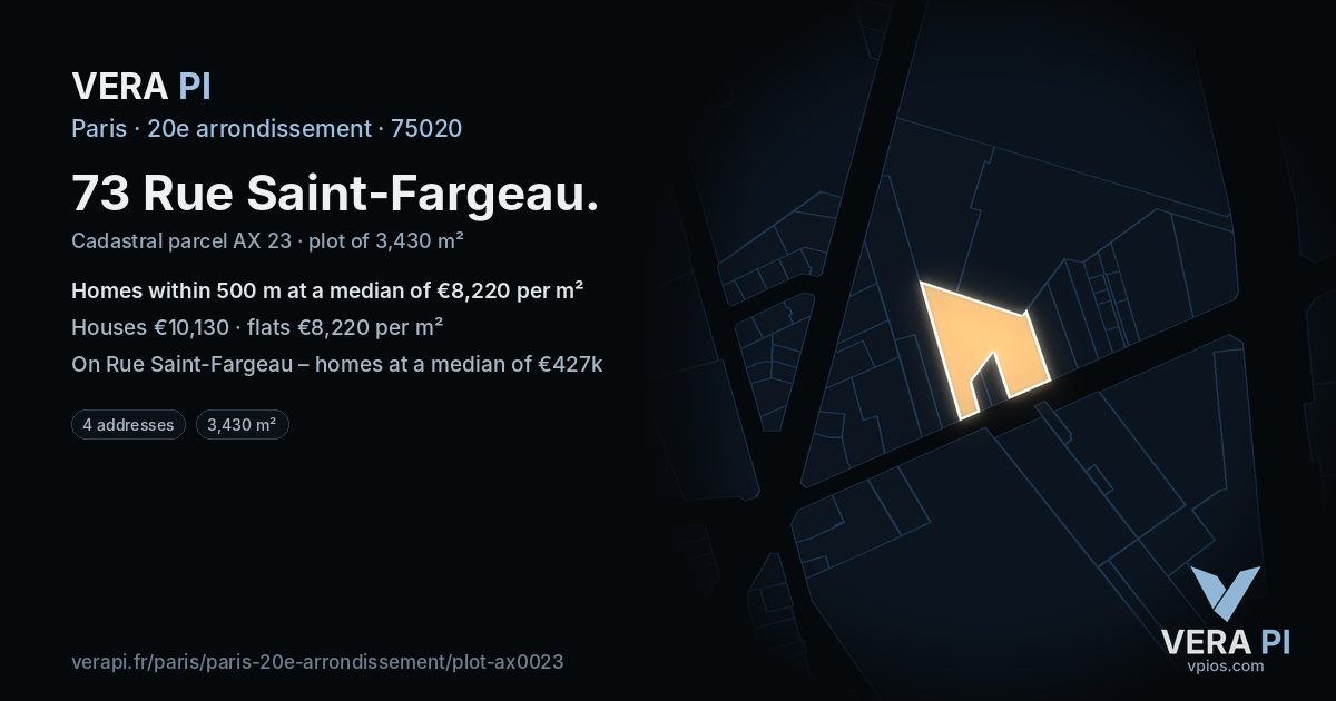 73 Rue Saint-Fargeau, 20e arrondissement at night – the plot lit, the parcels around coloured by the prices near them