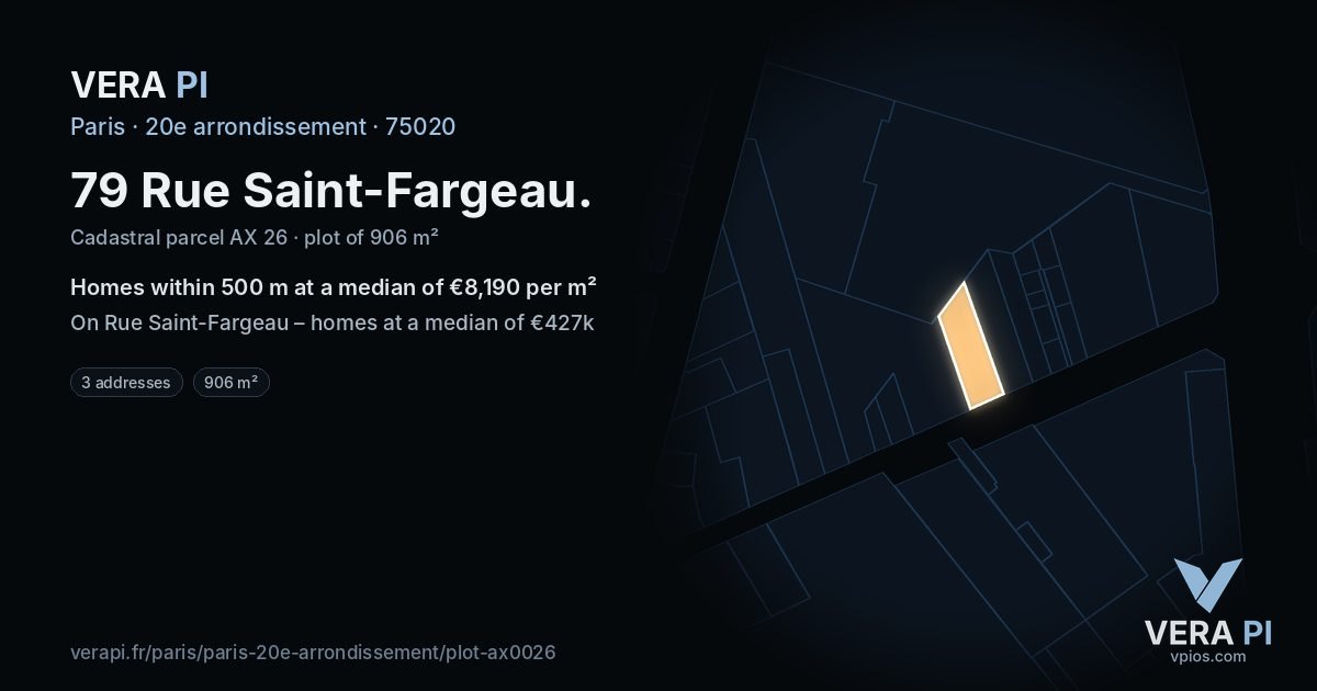 79 Rue Saint-Fargeau, 20e arrondissement at night – the plot lit, the parcels around coloured by the prices near them