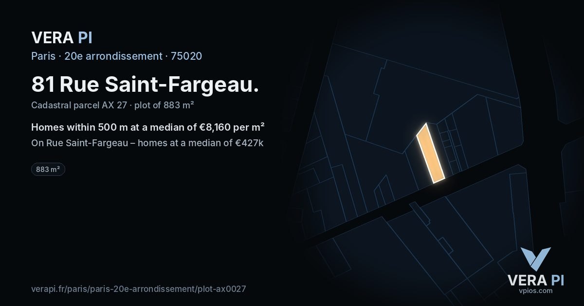 81 Rue Saint-Fargeau, 20e arrondissement at night – the plot lit, the parcels around coloured by the prices near them