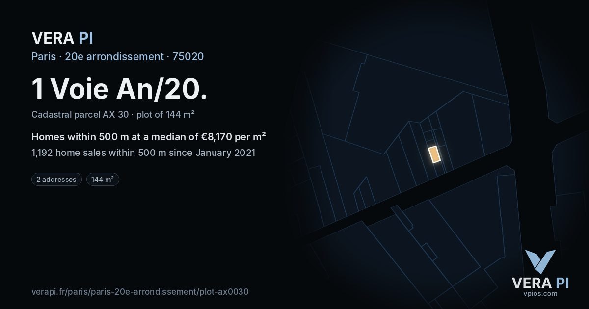 1 Voie An/20, 20e arrondissement at night – the plot lit, the parcels around coloured by the prices near them