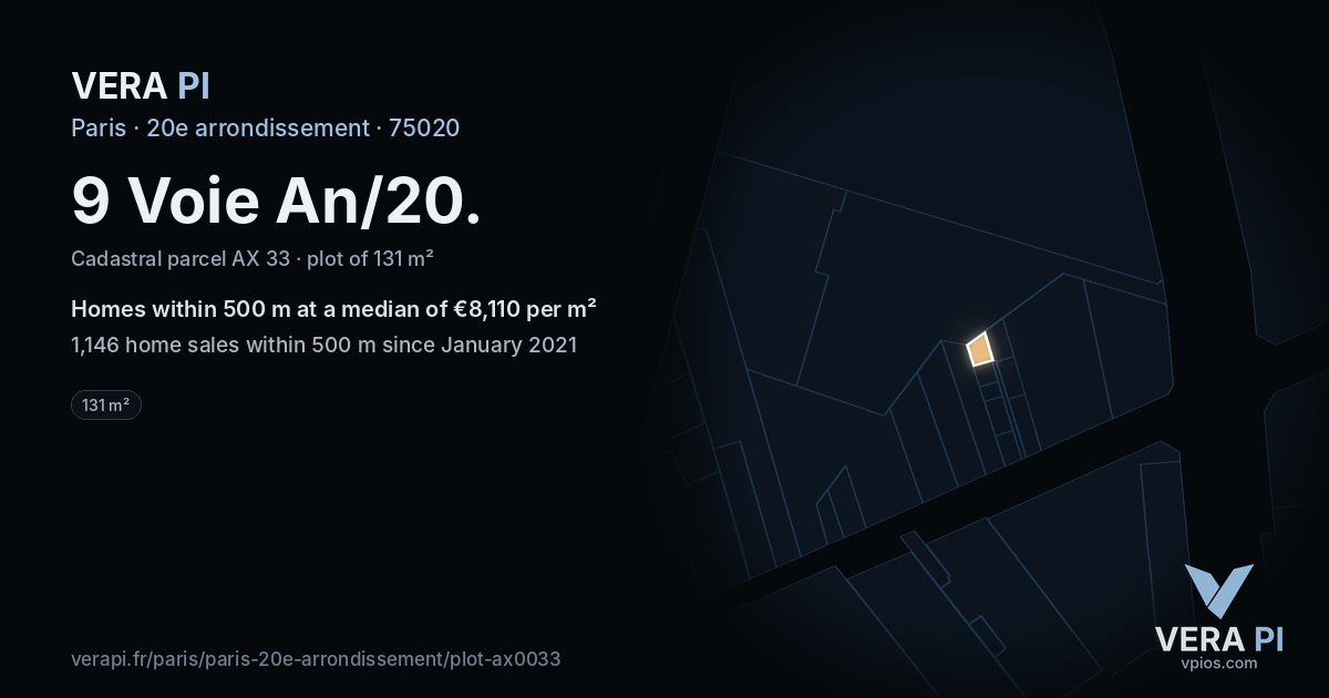 9 Voie An/20, 20e arrondissement at night – the plot lit, the parcels around coloured by the prices near them