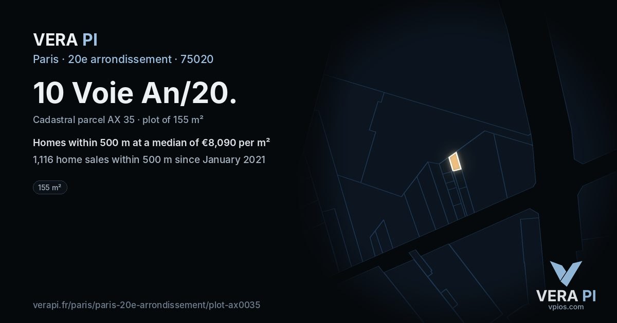 10 Voie An/20, 20e arrondissement at night – the plot lit, the parcels around coloured by the prices near them