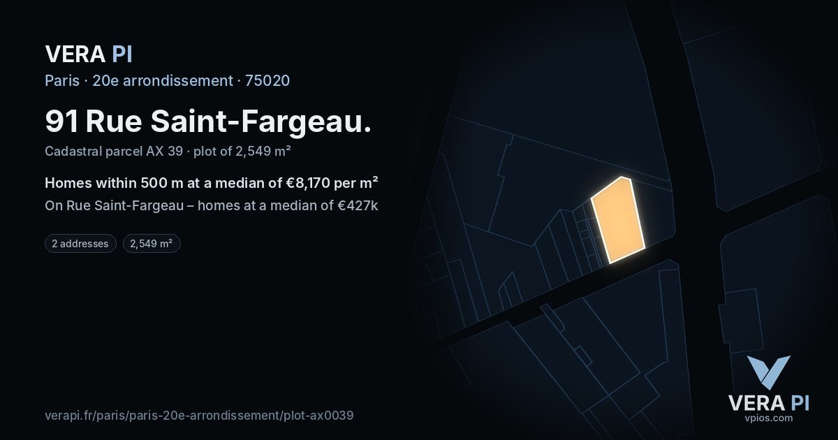91 Rue Saint-Fargeau, 20e arrondissement at night – the plot lit, the parcels around coloured by the prices near them