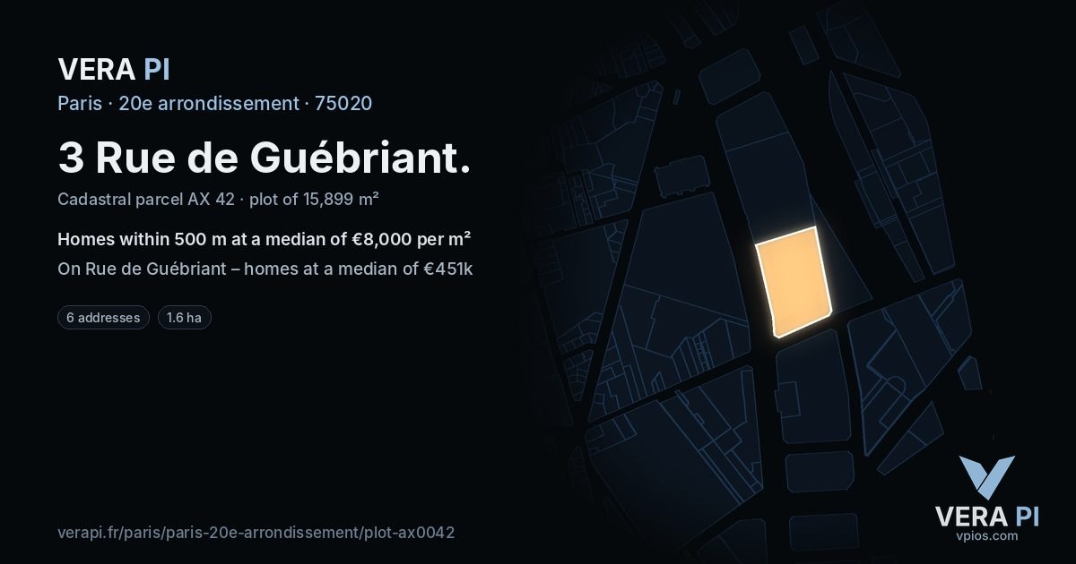 3 Rue de Guébriant, 20e arrondissement at night – the plot lit, the parcels around coloured by the prices near them