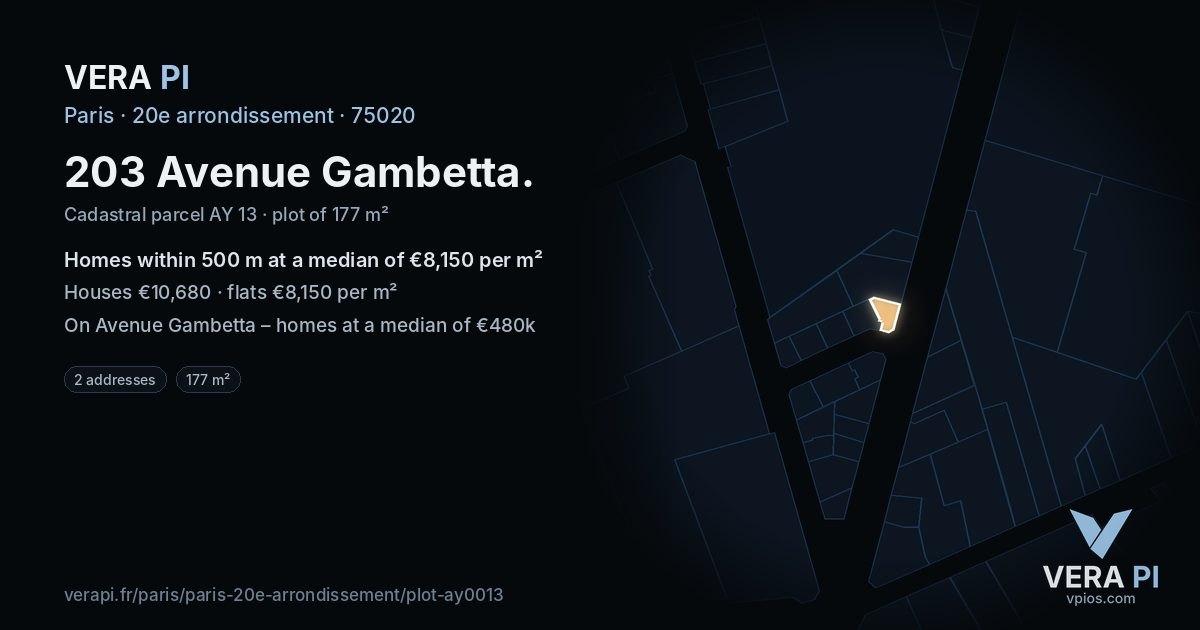 203 Avenue Gambetta, 20e arrondissement at night – the plot lit, the parcels around coloured by the prices near them