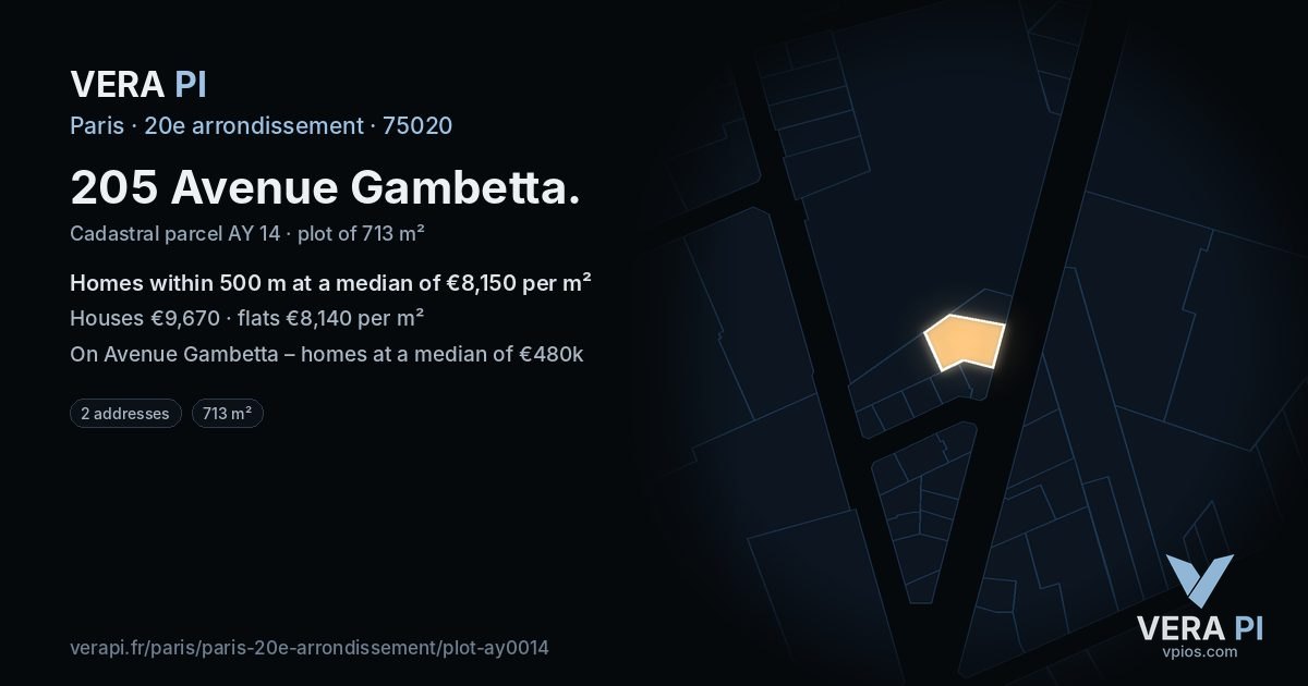 205 Avenue Gambetta, 20e arrondissement at night – the plot lit, the parcels around coloured by the prices near them