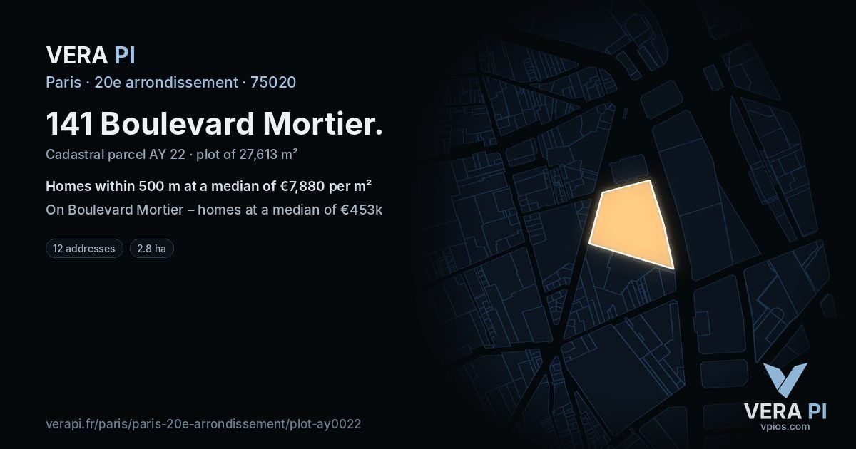 141 Boulevard Mortier, 20e arrondissement at night – the plot lit, the parcels around coloured by the prices near them