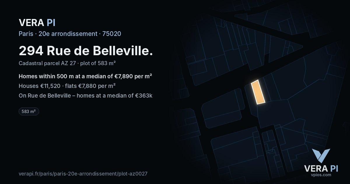 294 Rue de Belleville, 20e arrondissement at night – the plot lit, the parcels around coloured by the prices near them