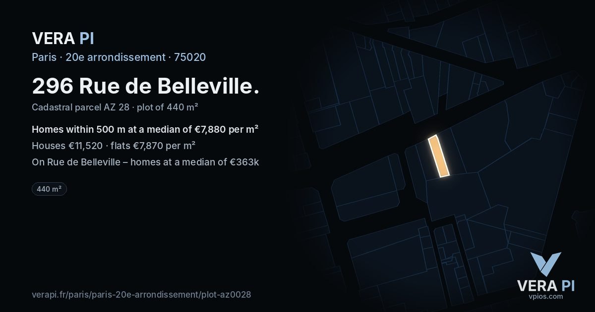 296 Rue de Belleville, 20e arrondissement at night – the plot lit, the parcels around coloured by the prices near them