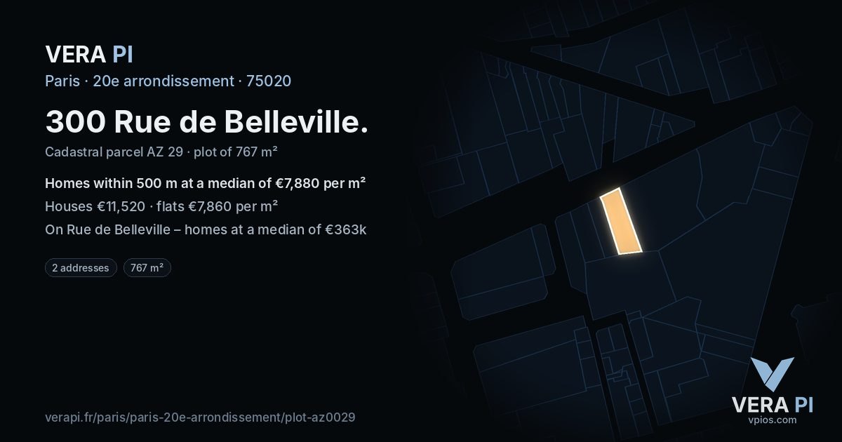 300 Rue de Belleville, 20e arrondissement at night – the plot lit, the parcels around coloured by the prices near them