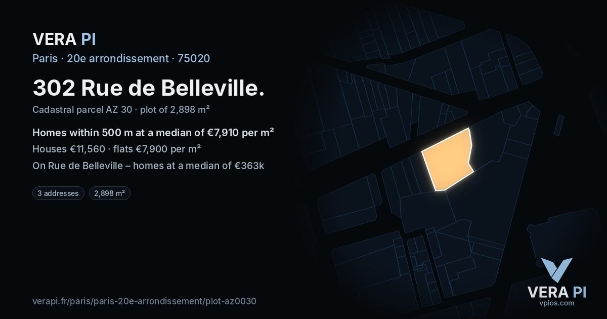 302 Rue de Belleville, 20e arrondissement at night – the plot lit, the parcels around coloured by the prices near them
