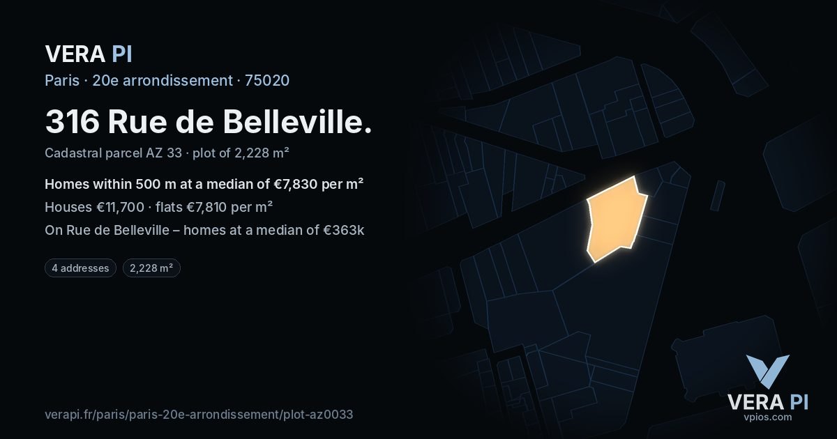 316 Rue de Belleville, 20e arrondissement at night – the plot lit, the parcels around coloured by the prices near them