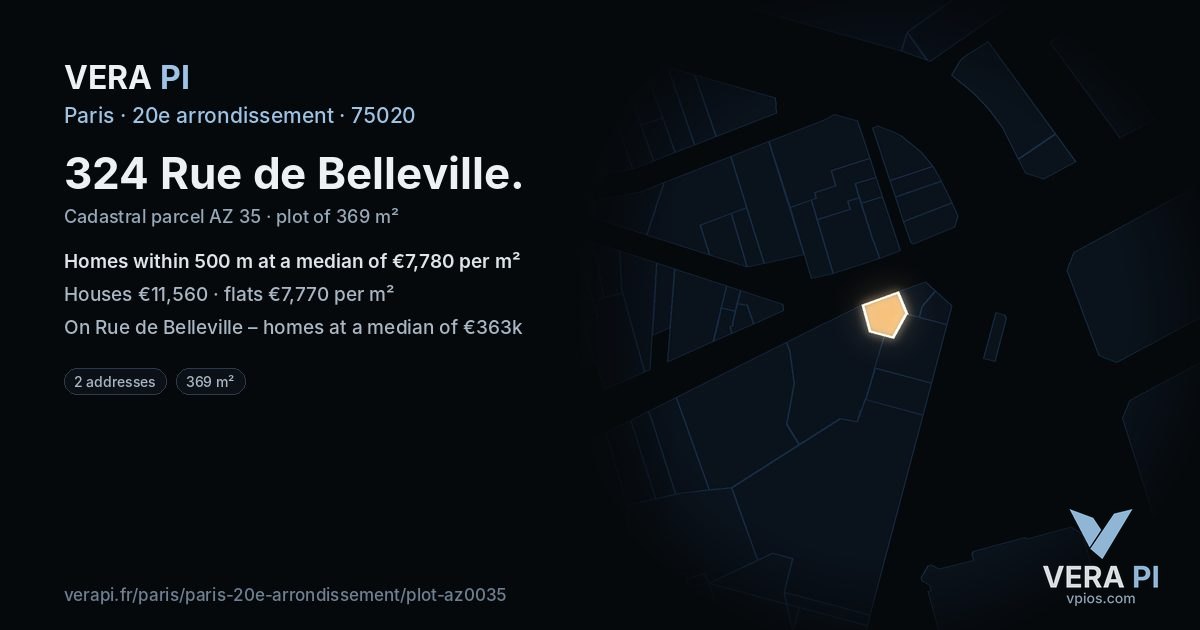 324 Rue de Belleville, 20e arrondissement at night – the plot lit, the parcels around coloured by the prices near them