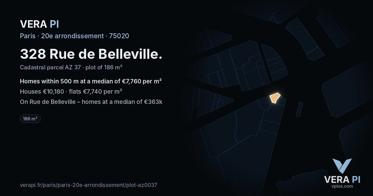 328 Rue de Belleville, 20e arrondissement at night – the plot lit, the parcels around coloured by the prices near them