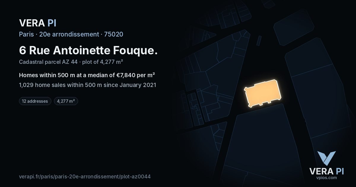 6 Rue Antoinette Fouque, 20e arrondissement at night – the plot lit, the parcels around coloured by the prices near them