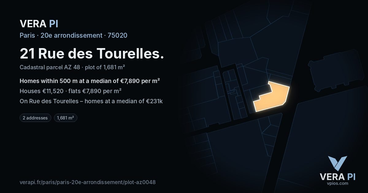 21 Rue des Tourelles, 20e arrondissement at night – the plot lit, the parcels around coloured by the prices near them