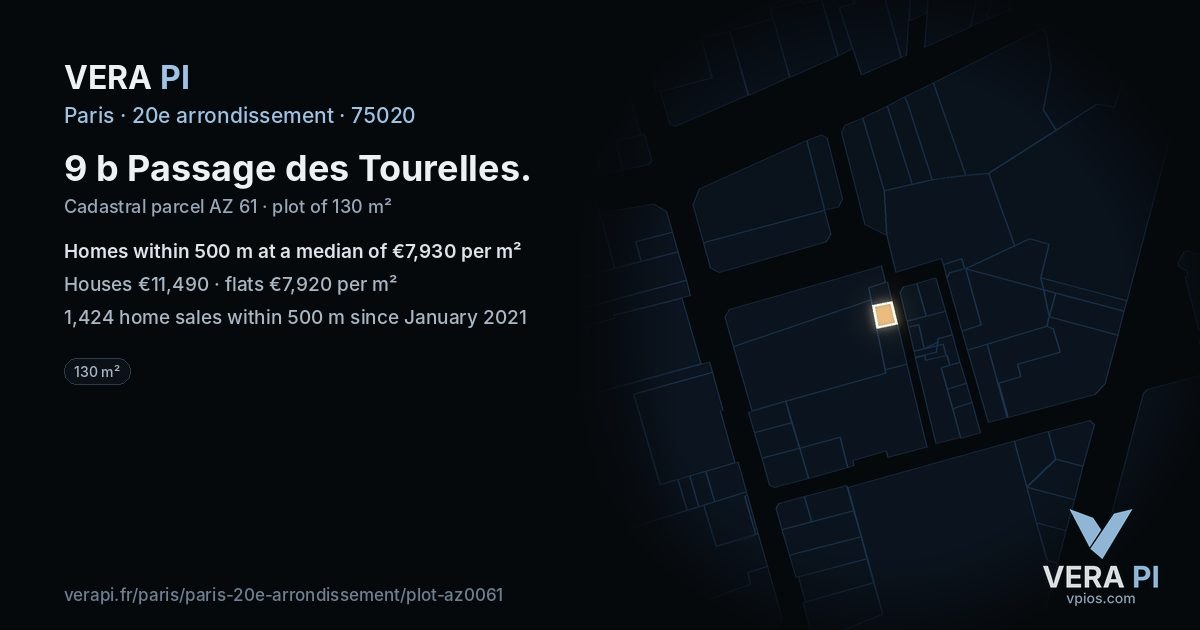9 b Passage des Tourelles, 20e arrondissement at night – the plot lit, the parcels around coloured by the prices near them