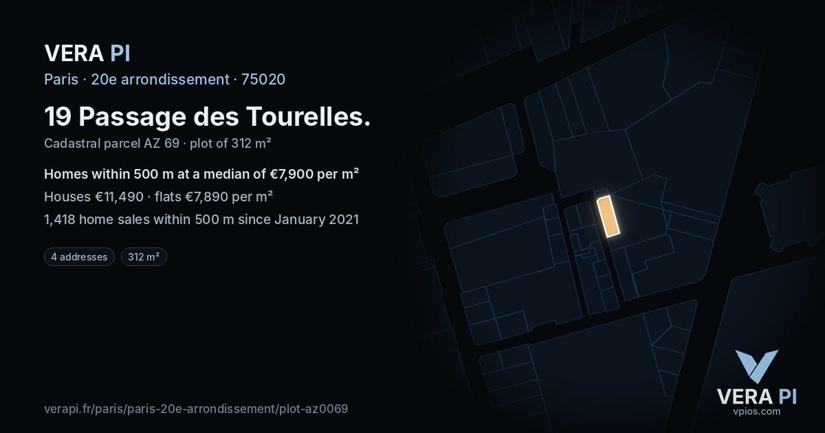 19 Passage des Tourelles, 20e arrondissement at night – the plot lit, the parcels around coloured by the prices near them