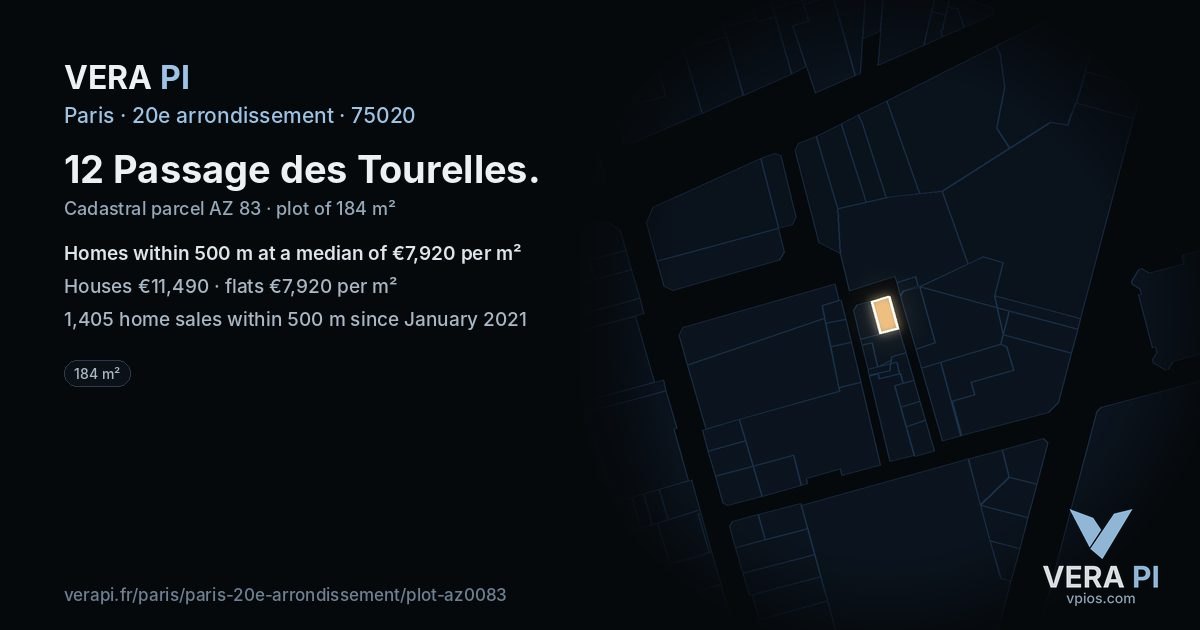12 Passage des Tourelles, 20e arrondissement at night – the plot lit, the parcels around coloured by the prices near them