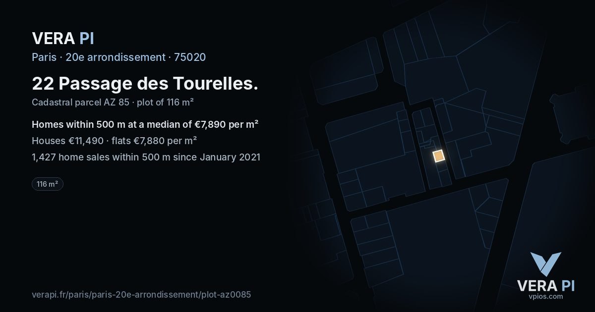 22 Passage des Tourelles, 20e arrondissement at night – the plot lit, the parcels around coloured by the prices near them