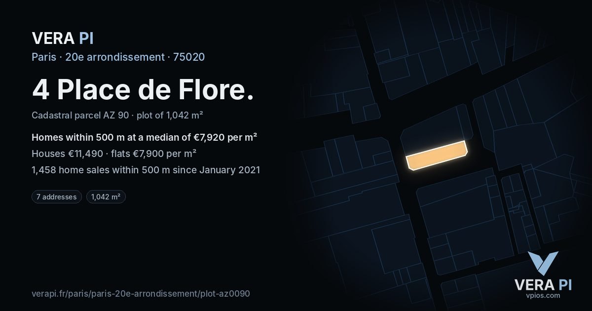 4 Place de Flore, 20e arrondissement at night – the plot lit, the parcels around coloured by the prices near them