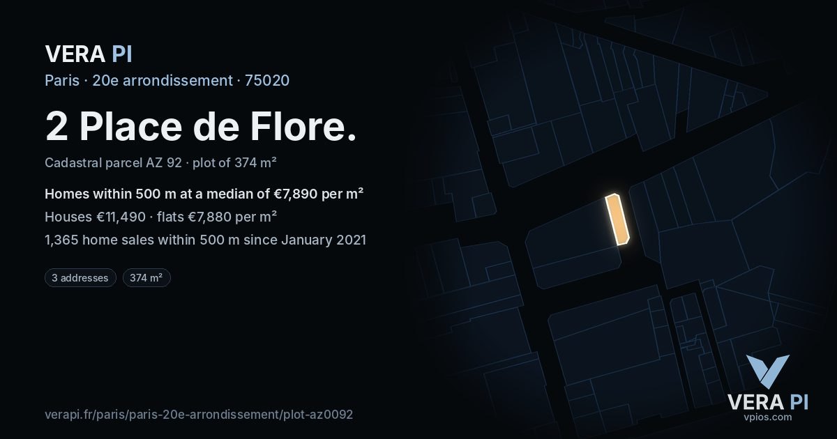 2 Place de Flore, 20e arrondissement at night – the plot lit, the parcels around coloured by the prices near them