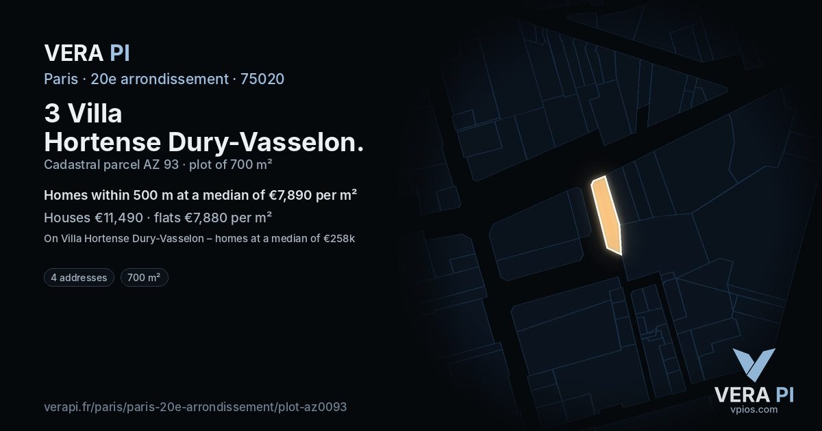 3 Villa Hortense Dury-Vasselon, 20e arrondissement at night – the plot lit, the parcels around coloured by the prices near them