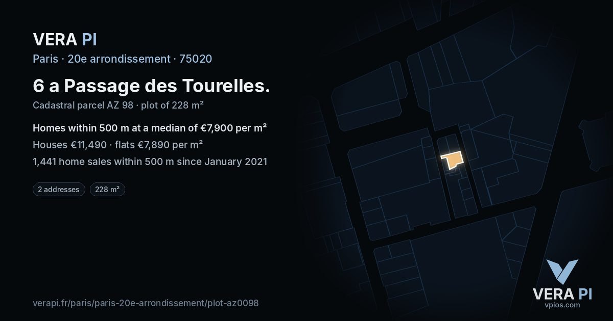6 a Passage des Tourelles, 20e arrondissement at night – the plot lit, the parcels around coloured by the prices near them