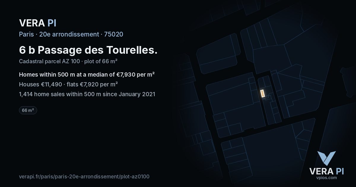 6 b Passage des Tourelles, 20e arrondissement at night – the plot lit, the parcels around coloured by the prices near them