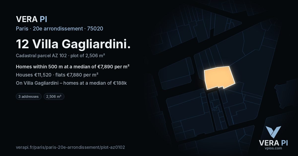 12 Villa Gagliardini, 20e arrondissement at night – the plot lit, the parcels around coloured by the prices near them